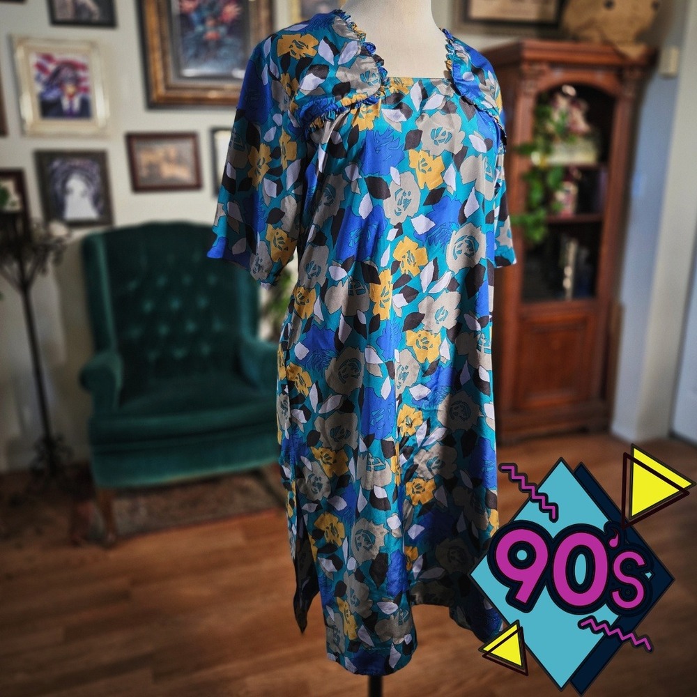 Vintage 90s  Blue Floral Midi Dress House Dress Ruffle Neck Short Sleeve Lounger